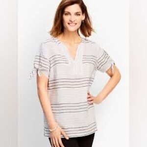 Talbots REEF STRIPE LINEN TIE-SLEEVE SHIRT Sz 1X Short Sleeves